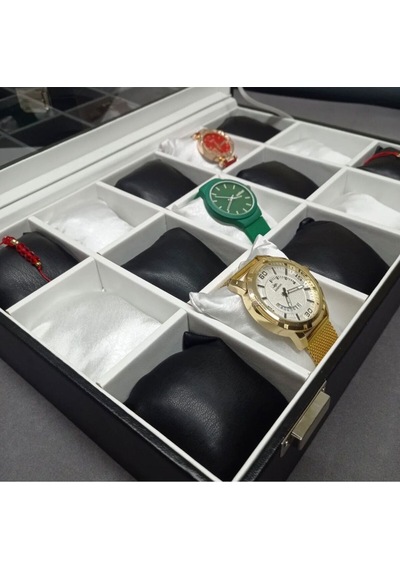 Premium 15 Yuvalı Tamamen Deri Kaplama Cam Kapaklı Şık Tasarım Saat Saklama Kutusu Ebat 34x24x8 Cm Siyah - Beyaz