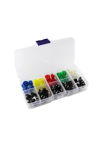 Kutulu 12x12mm 25 Adet Başlıklı Tact Buton Set 4 Pin 5 Renk Dokunmatik Anlık Basmalı Düğme Dvm.101.061