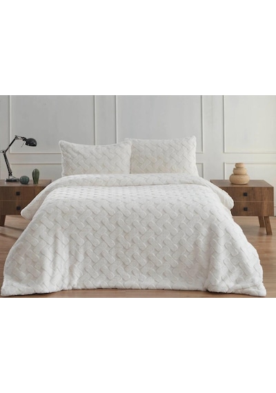 Merinos Diamond Çift Kişilik Yatak Örtüsü Peluş Kürk Yumuşak Comforter Yorgan Seti Ekru