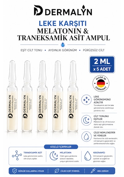 Dermalyn 5 Adet Leke Karşıtı Traneksamik Asit İçeren Cilt Aydınlatıcı Ampul Serum Dermaroller