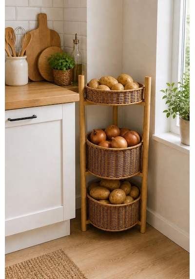 3 Katlı Bambu Rattan Organizer Sepet Mutfak Banyo Salon Düzenleyici Raf Sebzelik Patates Soğanlık