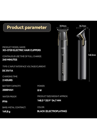 Xo Profesyonel Şarjlı Saç Kesme Makinesi Cf20 2000 Mah Batarya Ipx6 Su Geçirmez 8w Güç 45 Db Sessiz Motor 148.3x33.9x34.7 Mm 149.8 G Siyah