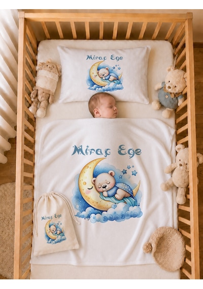Pia Baby İsme Özel %100 Pamuk Erkek Bebek Yastık Battaniyeli Tulum Set Kese Hediyeli 1089tybk0x Krem