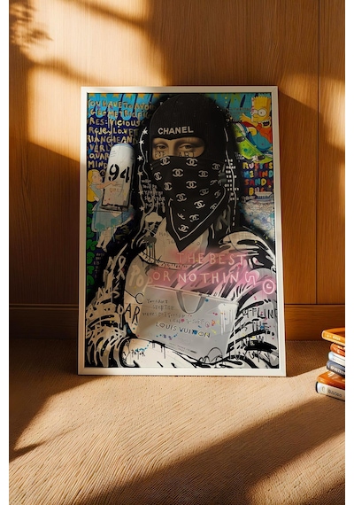 Chanel Maskeli Mona Lisa Çerçeveli Tablo Lüks Butik Güzellik Salonu Dekoru Street Art