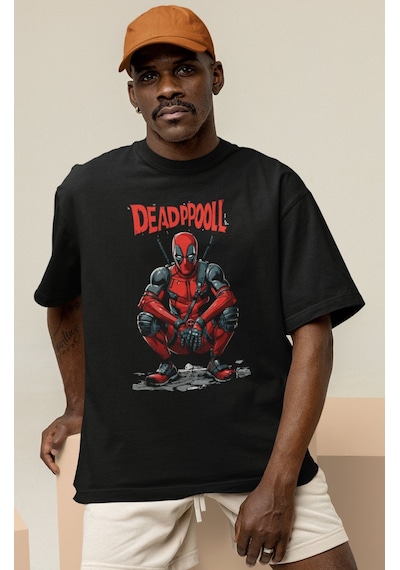 Deadpool Süper Kahraman Baskılı Unisex Oversize Film Kahramanı Ti Siyah