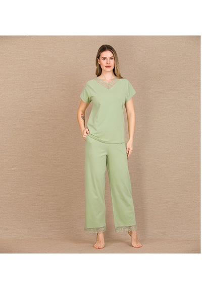İkikareshop Pamuklu Şık Tasarım Dantel İşlemeli Yeşil Kısa Kol Pijama Takımı Çok Renkli