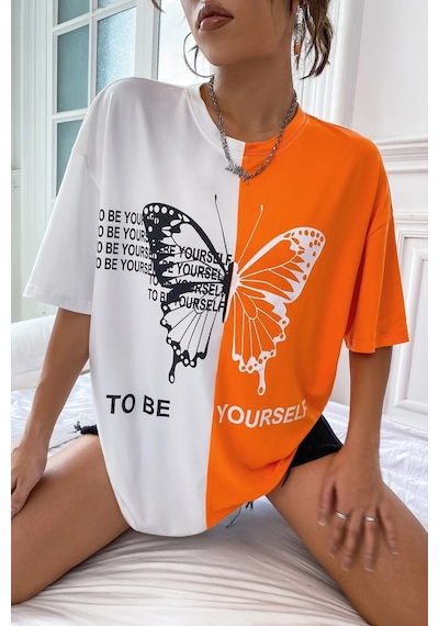 Unisex To Be Yourself Baskılı Tasarım Tshirt Turuncu