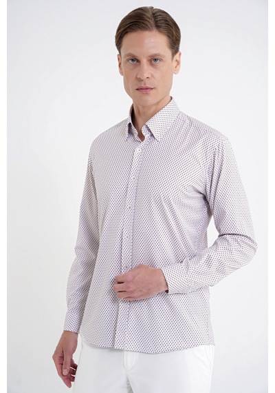 Slim Fit Yaka Düğmeli Baskılı Pamuklu Beyaz Gömlek G 1605