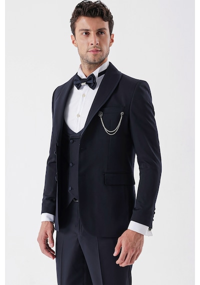 İmza Koyu Lacivert Desenli Armürlü Çıkarılabilir Şal Yaka Kruvaze 6 Drop Slim Fit Smokin Damatlık Takım 1001230214-Koyu Lacivert