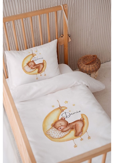 %100 Pamuk Saten Isme Özel Isimli 100x150 Bebek Yatak Nevresim Seti Ayıcık 4