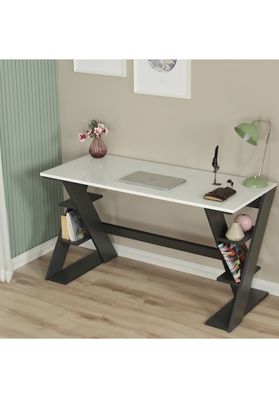 Pasific Home Lungo Raflı Çalışma Masası, Ofis Masası, 60X140 Cm, Antrasit&Beyaz Antrasit  -  Beyaz