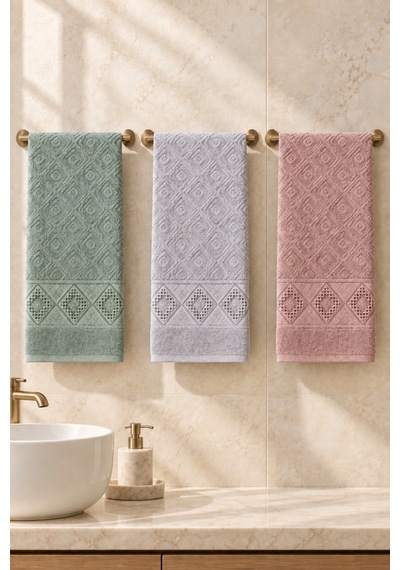Elmas Motifli El Yüz Havlusu 50x90 Cm 3 Lü Set %100 Pamuk - Blush Garden Çok Renkli