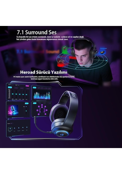 Ayrex Heroad V200 Rgb 7.1 Kablosuz Gaming Oyuncu Kulaklığı 3 Modlu Bt, 2.4ghz, Type-c Pc - Ps5