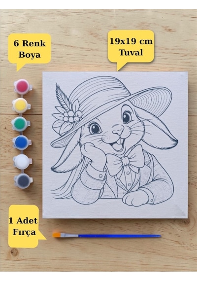 Çocuklara Özel Şapkalı Tavşan Baskılı Tuval Boyama Aktivite Seti 19x19 Cm Tuval, Fırça Ve 6 Renk Akrilik Boya Seti