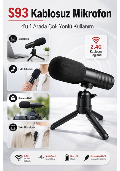 S93 2.4g Kablosuz Mikrofon 4 Ü 1 Arada Yaka El Kamera Üstü Masaüstü Mikrofon Podcast Vlog Yayın İçin