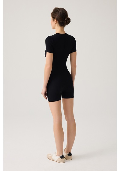 Los Ojos Siyah Fitilli Kısa Kollu Kısa Tulum Short Romper Siyah Siyah