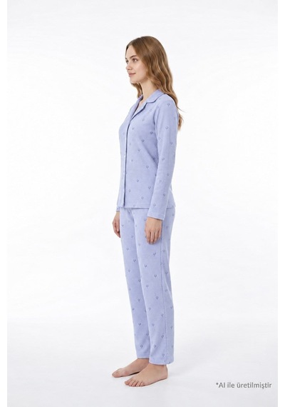Cottonill Mavi Desenli Waffle Dokulu Gömlek Yaka Düğmeli Uzun Kollu Kadın Pijama Takımı Cottonill Mavi Desenli Waffle Dokulu Gömlek Yaka Düğmeli Uzun Kollu Kadın Pijama Takımı