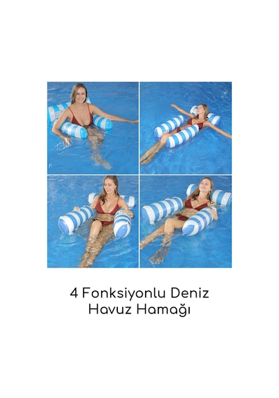 Fileli 3 Yastıklı Premium Deniz Havuz Hamağı 4 Fonksiyonlu Havuz Deniz Yatağı 120x122 Cm Mavi