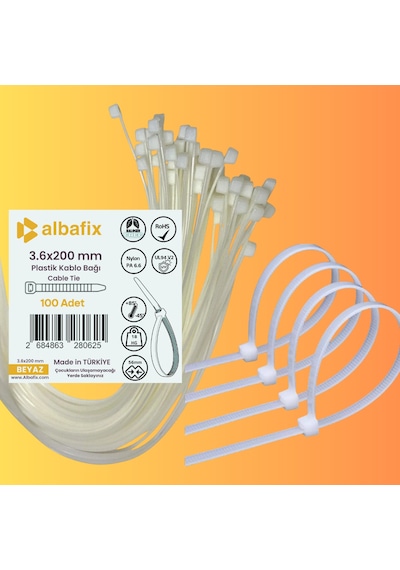 3.6x200 Mm Şeffaf Beyaz Plastik Kablo Bağı Klipsi Cırt Kelepçe 100 Adet