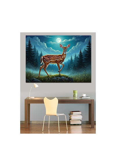 Ormanda Gece Duran Asil Geyik Yağlı Boya Dokulu Kanvas Tablo Canvas Tablosu