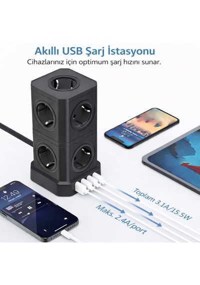Kule Tipi Çoklu Priz 3680w 9 Lu Topraklı Priz + 2 Usb + 2 Type-c Masaüstü Dikey Akım Korumalı Priz 2 m