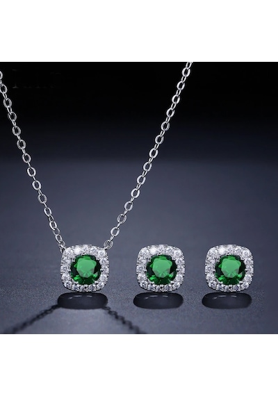 Monemel Yeşil Kristal Taşlı Kolye Ve Küpe Set N09050set Gümüş - Rodyum
