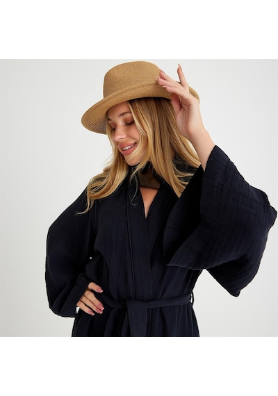 Miespiga Pamuklu Dokuma Beli Kuşaklı Maxi Kadın Kimono Kaftan - Large - Xlarge Siyah