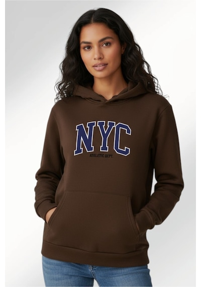 Uyguntarz Unisex Nyc Tasarım Baskılı Kapüşonlu Sweatshirt Kahverengi