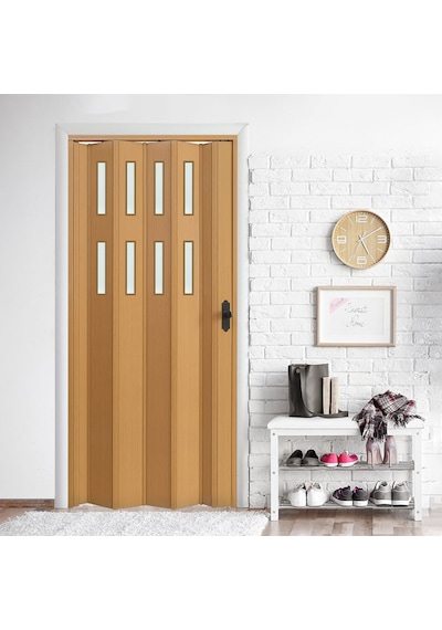 Faran Dekorasyon 145 x 215 Meşe Renk Camlı Pvc Akordiyon Katlanır Kapı - FRNAKMODEL-64