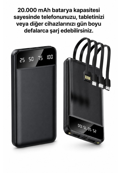 20.000 Mah Dijital Ekranlı Powerbank Yüksek Performanslı 4 Çıkışlı Dahili Kablolu Taşınabilir Batarya Diğer