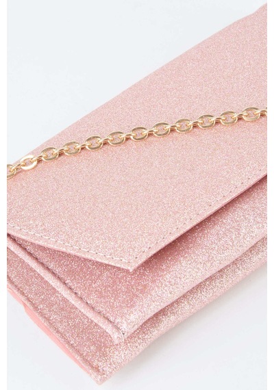 Vivaq Kadın Pembe Simli Zarf Tasarım 2 Bölmeli Mini Zincir Askılı Çıt Çıt Kapama Clutch Ve El Çantası