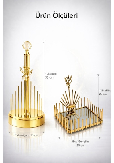 2li Gold Metal Aynalı Çiçek Model Lüks Kare Peçetelik Ve Gold Metal Çiçek Model Lüks Havlu Peçetelik Altın