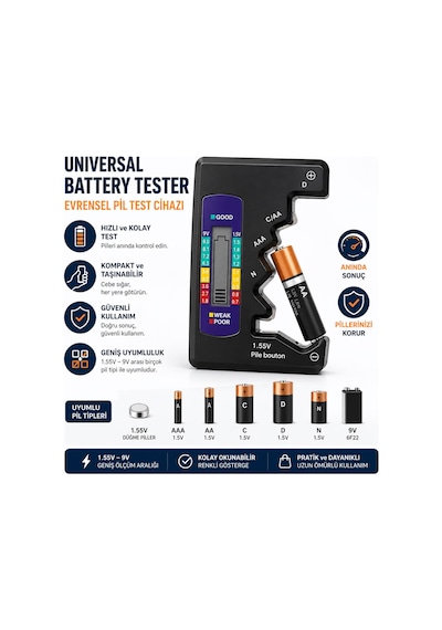 Evrensel Dijital Pil Test Cihazı Aa Aaa C D N 9v Ve Düğme Pil Uyumlu