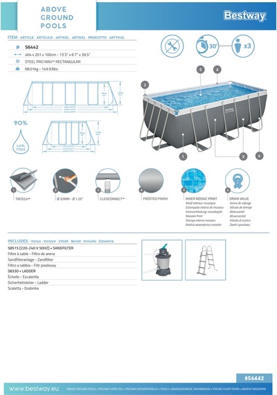 Bestway 56442 Steel Pro Max Above Ground Pool Set 4,04 M X 2,01 M X 1,00 M
