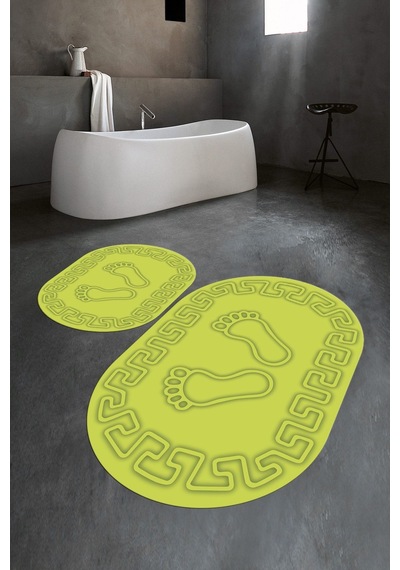 Buççin Online Mağaza Dijital Baskılı Kaymaz Yıkanabilir Ayak Desen Oval Banyo Takımı Klozet Takımı Polyester Yeşil Çok Renkli