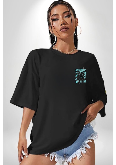 Histerik Siyah Oversize Unisex Ön Sol Yan Minimal Baskılı Tişört Koyu Siyah