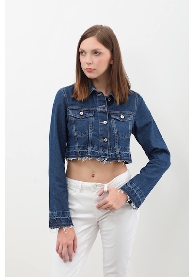 Kadın Püsküllü Crop Jean Ceket mavi