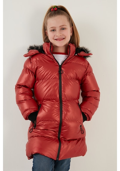 Lela Peluş Astarlı Yakası Suni Kürklü Çıkarılabilir Kapüşonlu Kışlık Kız Çocuk Mont 5761908 Kırmızı