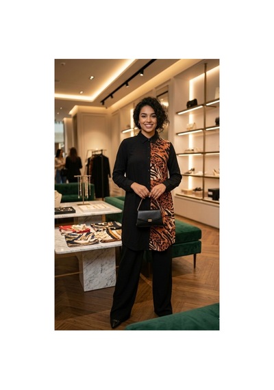 Polologin Butik Kadın Asimetrik Leopar Desenli Uzun Tunik Siyah