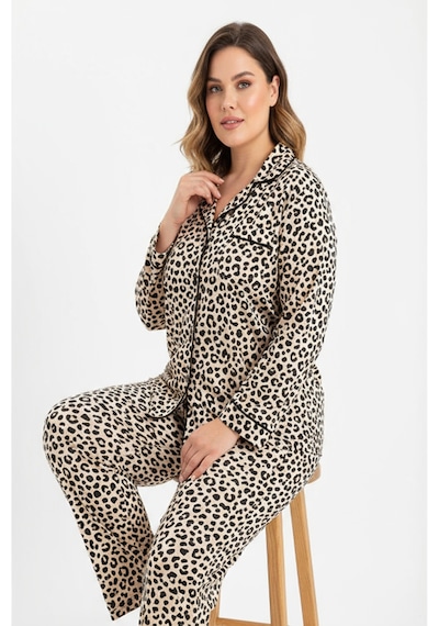 Bravie Luxury Viscose Leopar Desenli Kadın Uzun Kollu Büyük Beden Pijama Takımı 42526 Leopar2