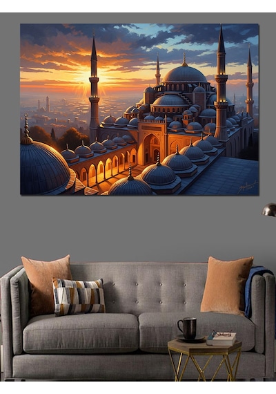 Ahşap Tablo Gece Işıklarında İstanbul Camii Manzarası