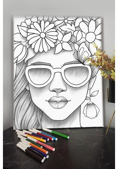 Gözlüklü Kadın 40x30cm Çocuklar Için Özel Boyanabilir Tablo Mandala