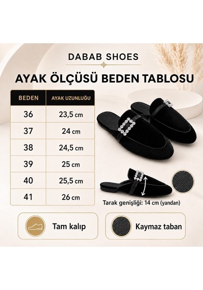Dabab Shoes Marıgold Kadın Taşlı Tokalı Siyah Kadife Görünümlü Kapalı Burun Düz Taban Mule Terlik