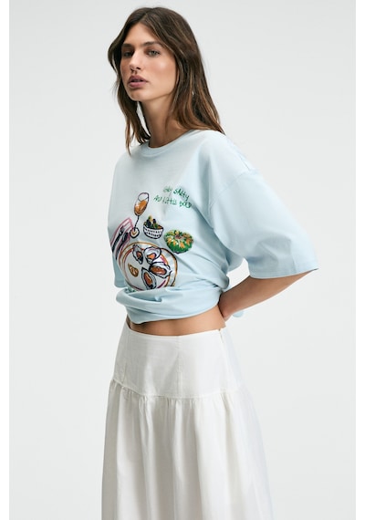 Grımelange NITZA Kadın %100 Pamuk Oversize Bisiklet Yaka Mavi T-Shirt Grımelange NITZA Kadın %100 Pamuk Oversize Bisiklet Yaka Mavi T-Shirt