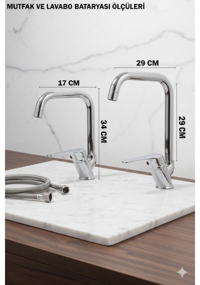 66231 Lavabo Banyo Mutfak Bataryası Ve Robot Duş Takımı Köşe Borulu Siyah Krom Beyaz Krom