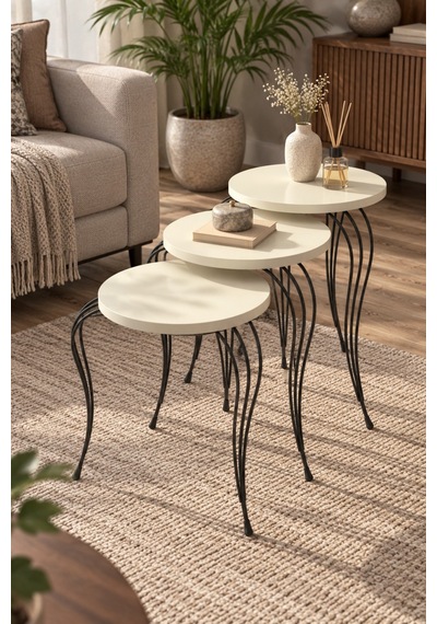 Sulorahome Lükens Metal Ayaklı 3'lü Zigon Sehpa Takımı Krem Bej