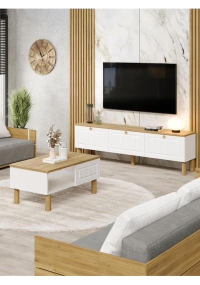 Kuzeylife Venaset Tv Ünitesi Ve Orta Sehpa Membran Kapak Safir Meşe - Beyaz