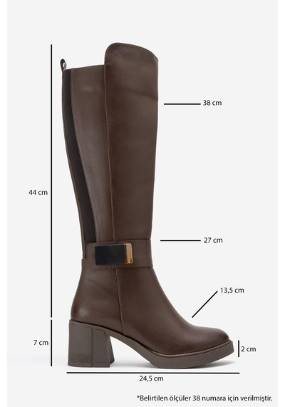 Luvishoes Luvi Shoes Moreni Kahve Cilt Streç Detaylı Tokalı Kadın Kalın Topuklu Çizme Kahve Rengi