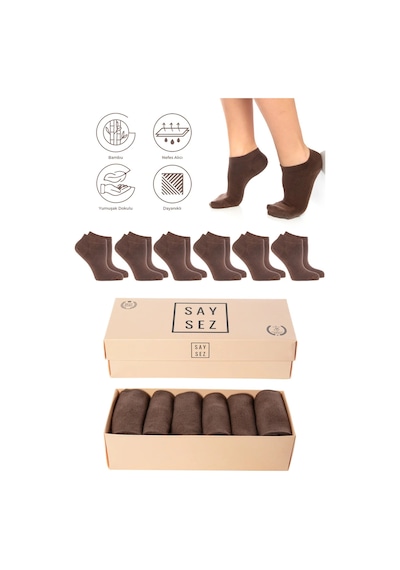Saysez Bambu Kadın Patik Düz Kahverengi Çorap Dikişsiz Premium Kutulu 6'lı Paket Renkli