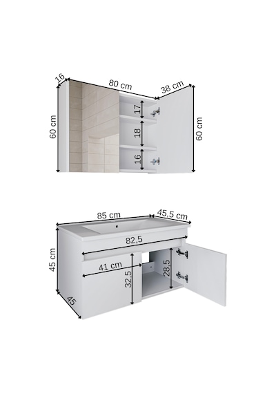 Banos Al3 Lavabolu Beyaz 85 Cm Aynalı Banyo Dolabı Takımı Beyaz